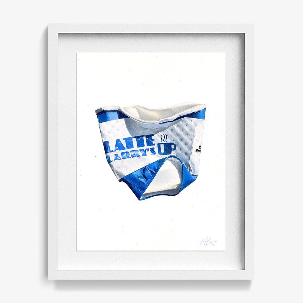 Latte Larry's by Claire Salvo, 2024, Colored Pencil on Paper. Framed in white pine wood.