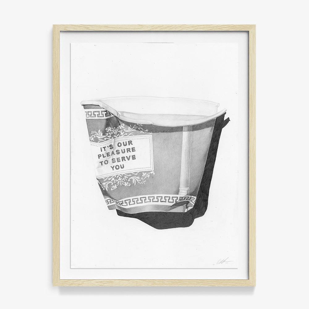 NY Coffee Cup by Claire Salvo, 2024, Graphite on Paper. Framed in ayous wood.