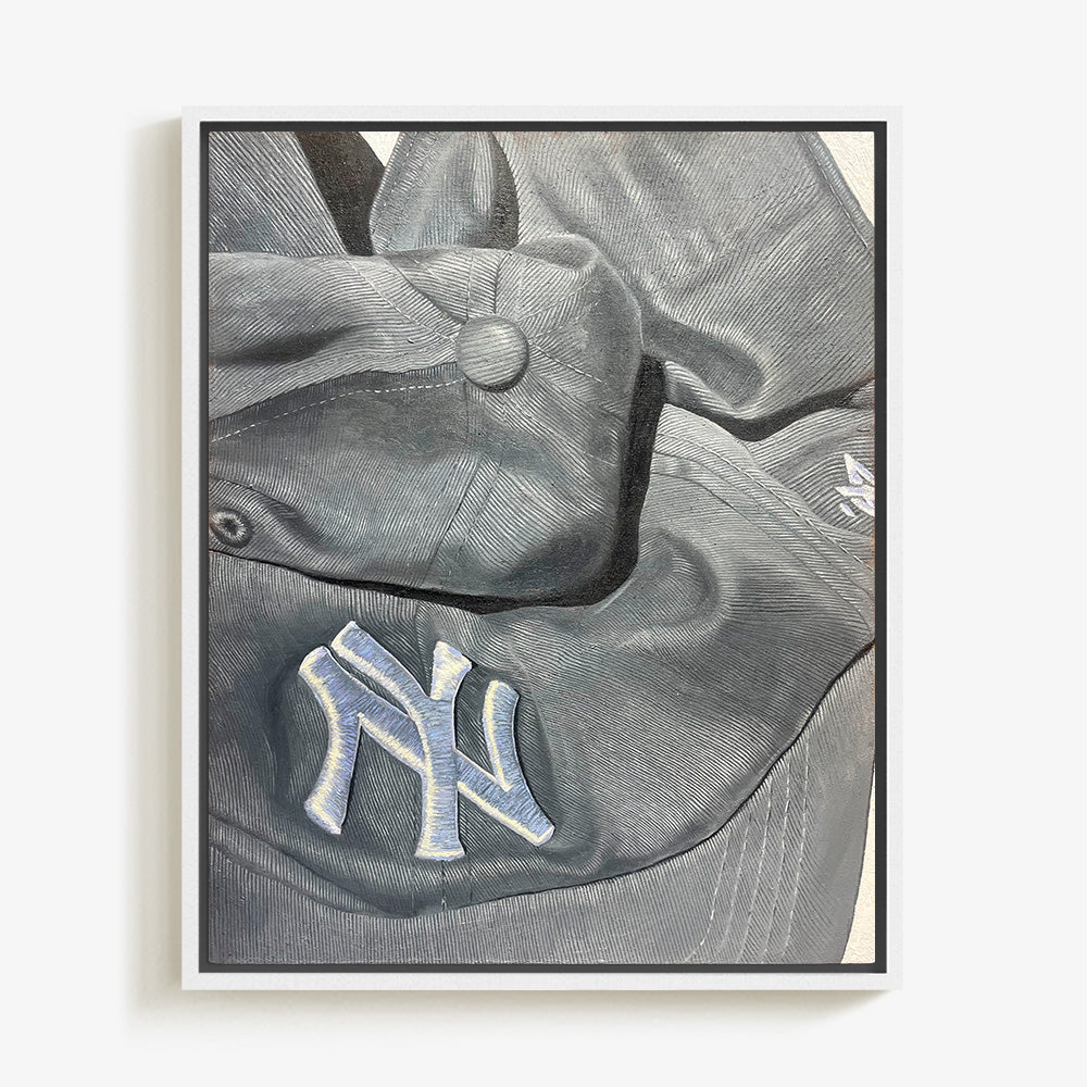 Yankees Hat by Claire Salvo, 2025, Oil on cradled wood panel