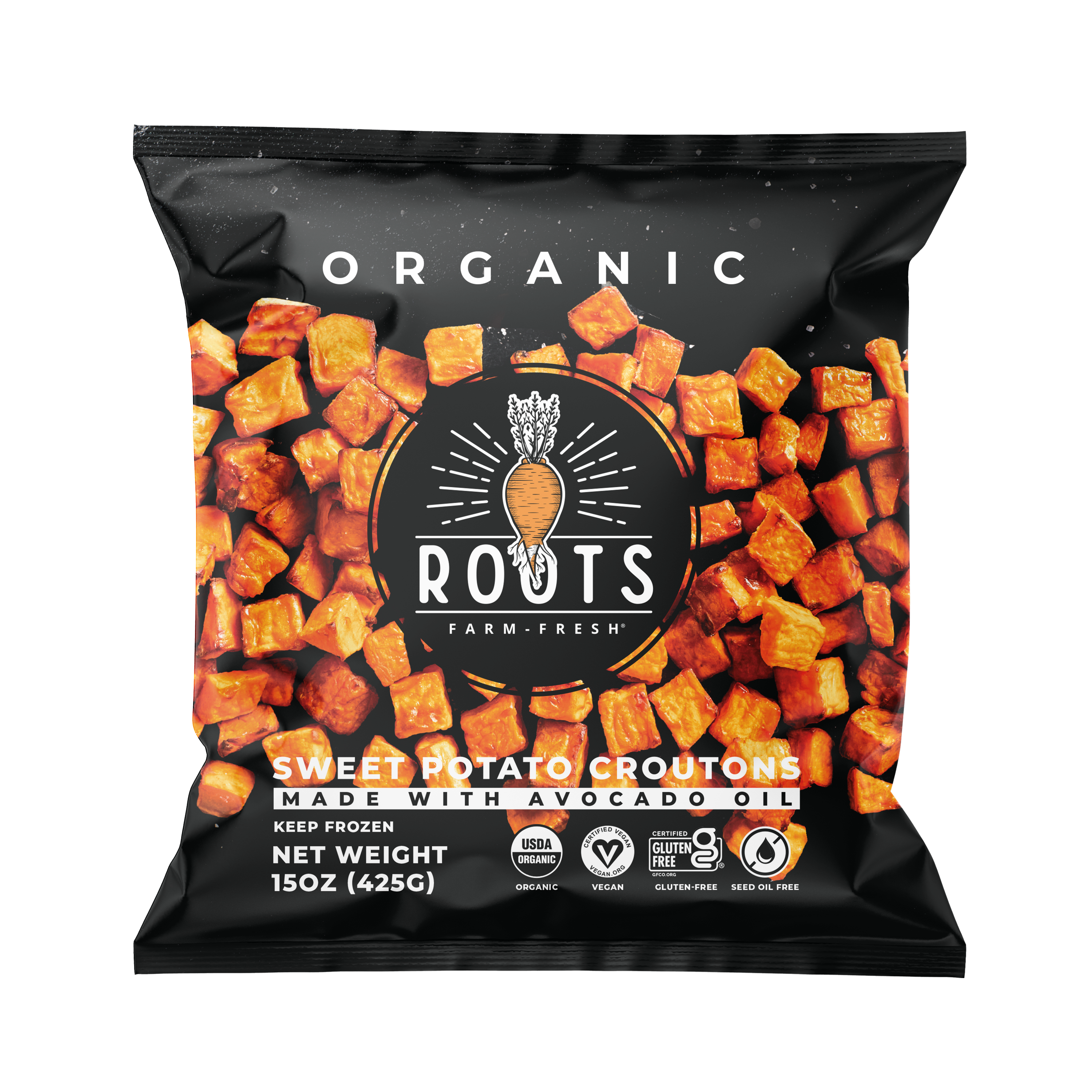 Sweet Potato Croutons by Roots Farm Fresh, 2023, Organic Sweet Potatoes, Organic Avocado Oil, Organic Batter