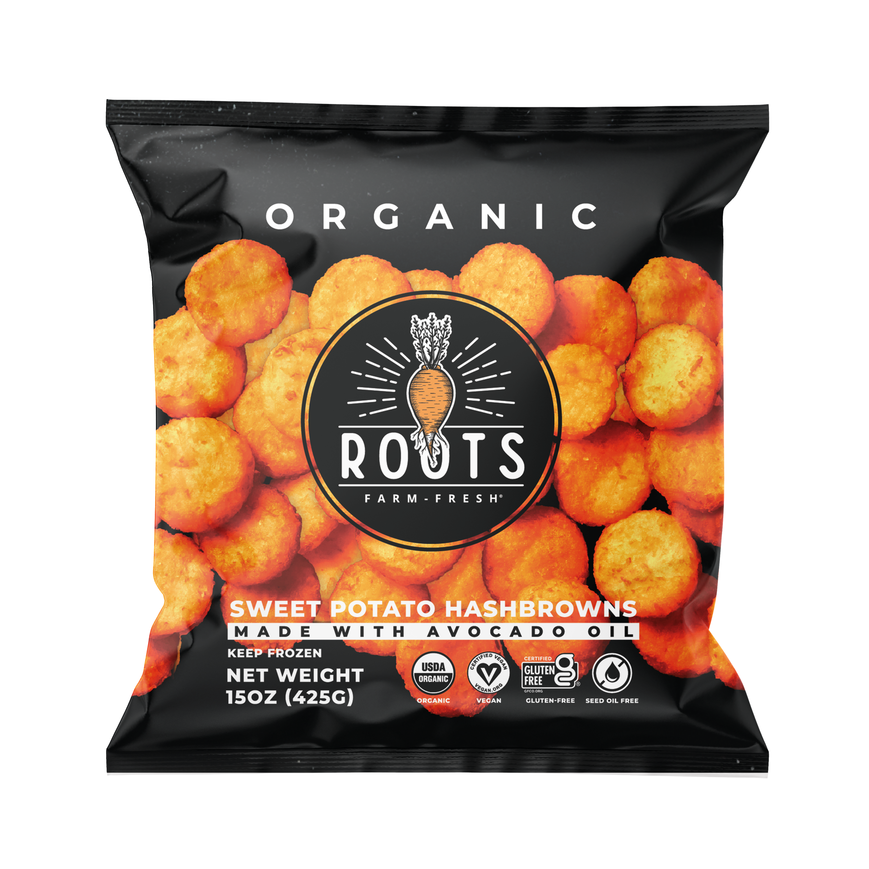 Sweet Potato Hash Browns by Roots Farm Fresh, 2026, Organic Sweet Potatoes, Organic Avocado Oil, Organic Batter