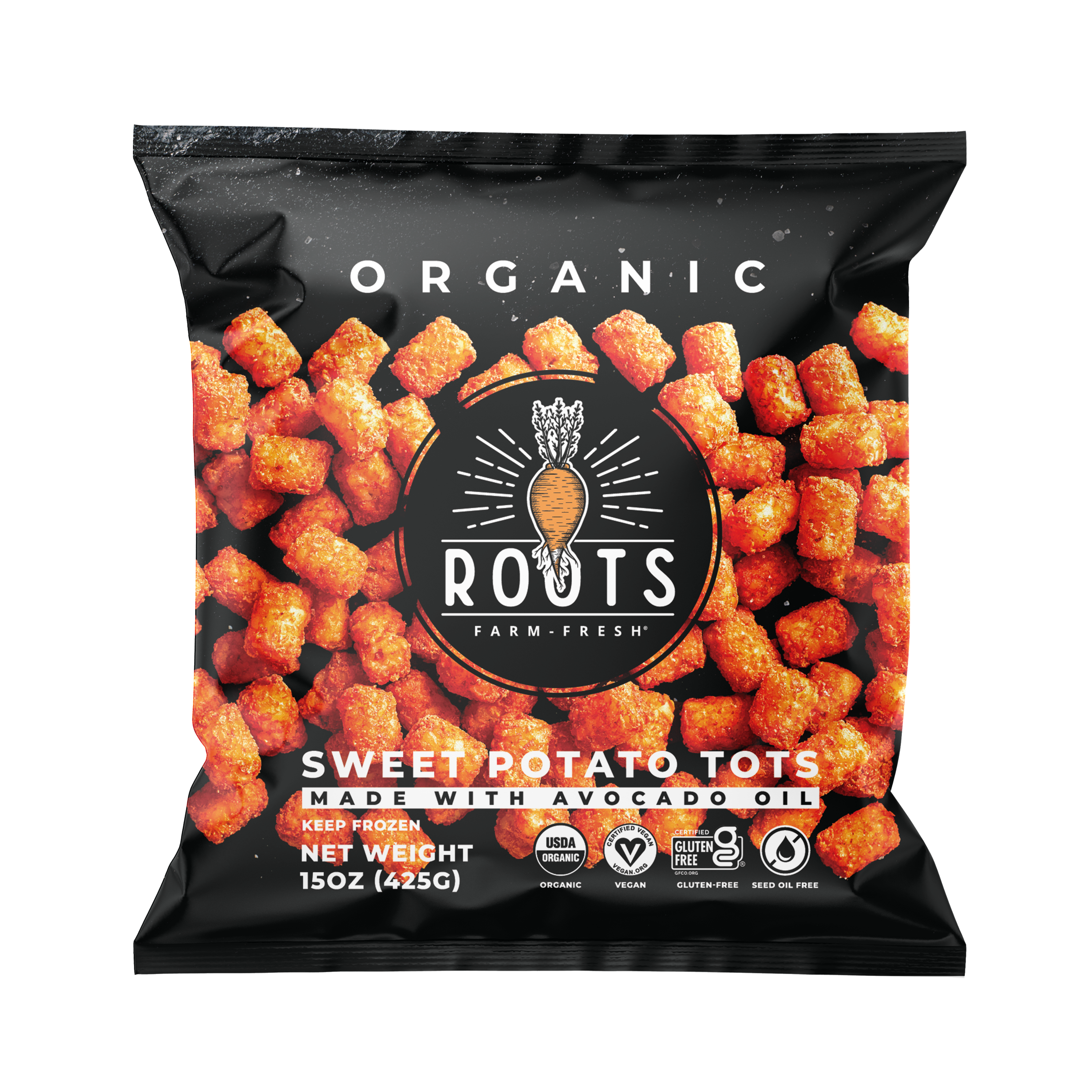 Sweet Potato Tots by Roots Farm Fresh, 2026, Organic Sweet Potatoes, Organic Avocado Oil, Organic Batter