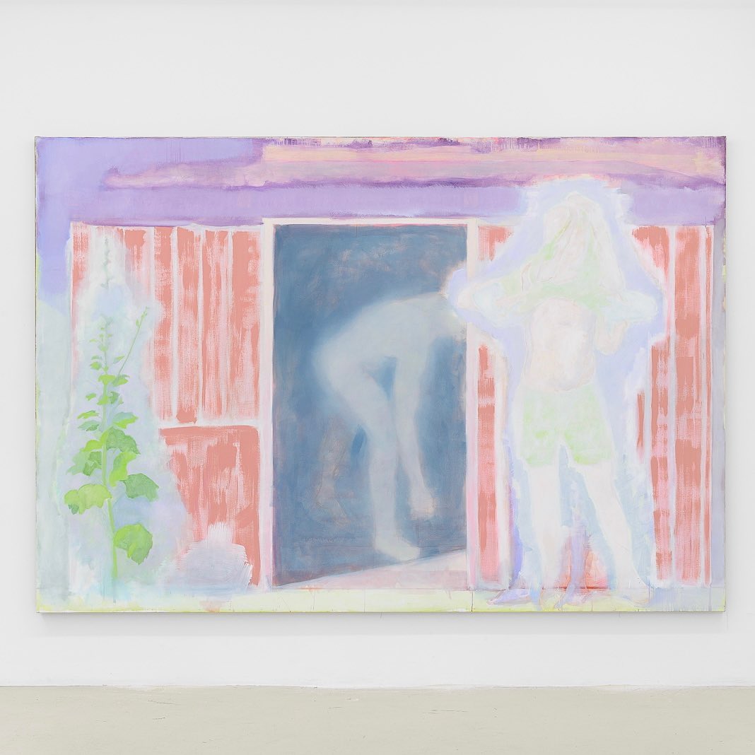 La peinture s'écaille et l'eau dévale le ciment, ils se douchent cachés dans le jardin by Simon Martin, 2023, Oil and acrylic on canvas